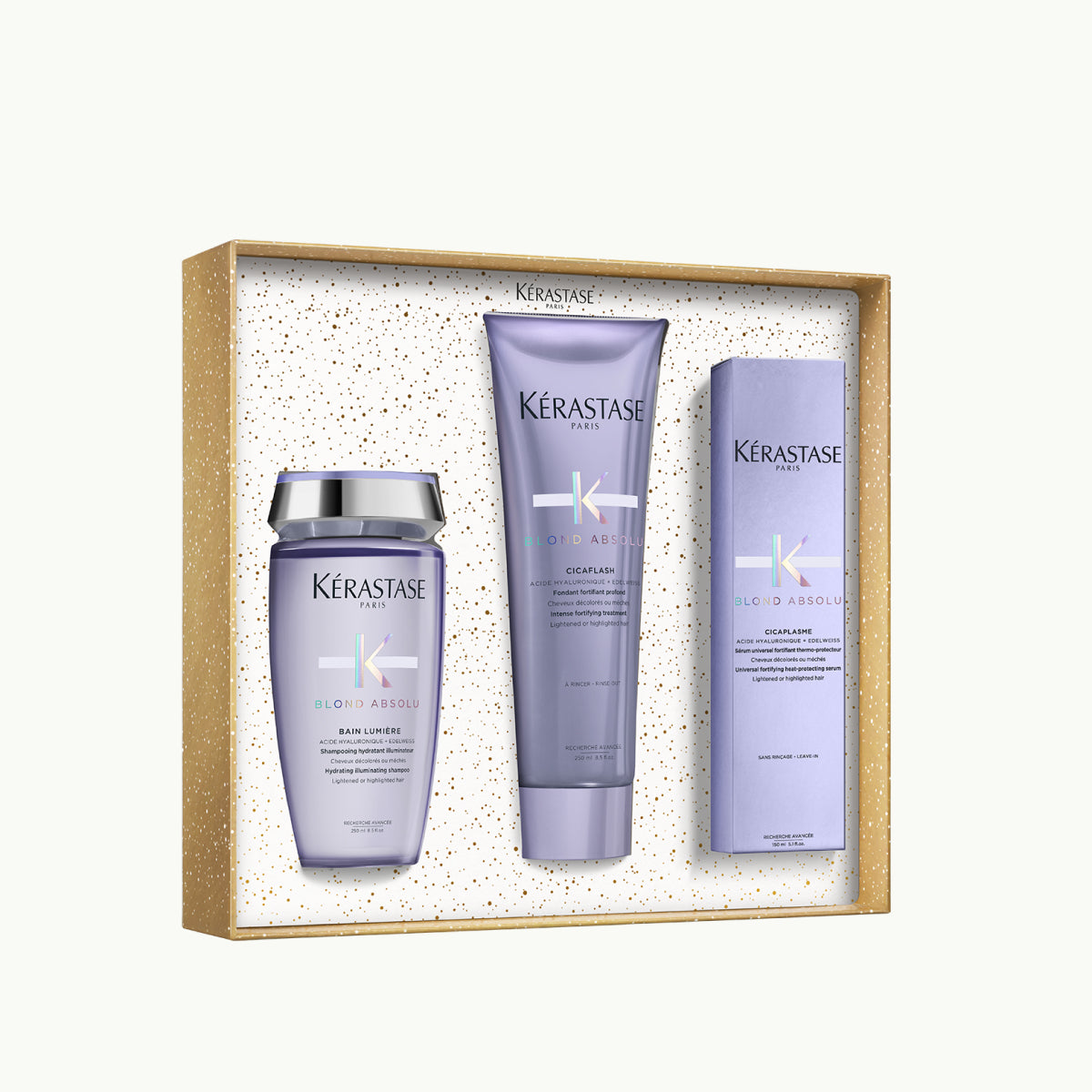 Kérastase Blond Absolu Holidays 2025 Ajándékszett – Prémium ápolási rituálé szőke hajra: Bain Lumière 250ml + Cicaflash 250ml + Cicaplasme 150ml