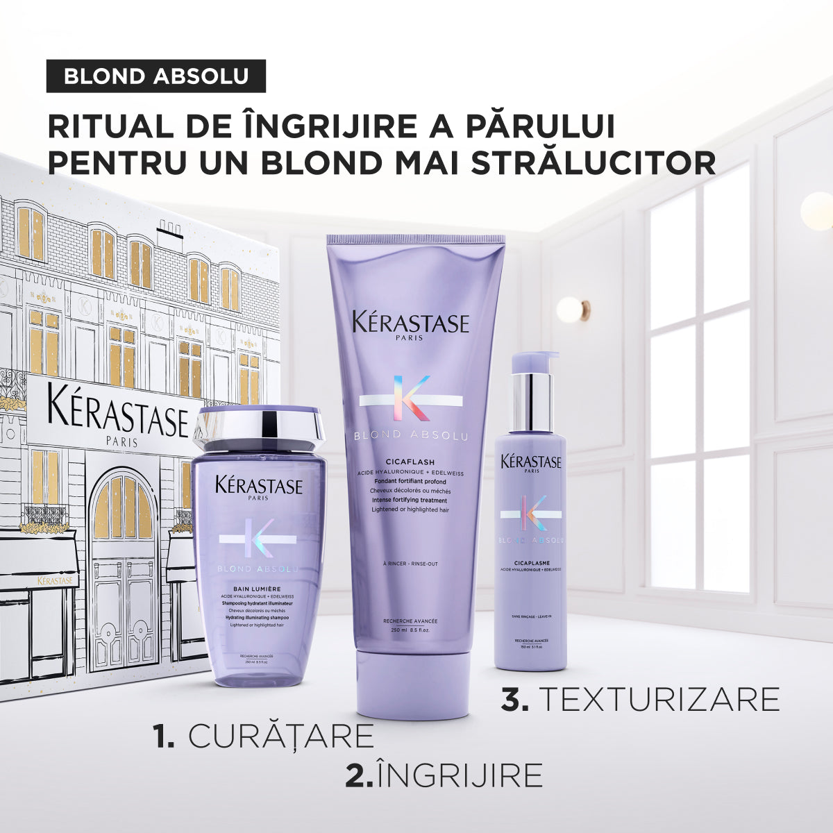 Kérastase Blond Absolu Holidays 2025 Ajándékszett – Prémium ápolási rituálé szőke hajra: Bain Lumière 250ml + Cicaflash 250ml + Cicaplasme 150ml