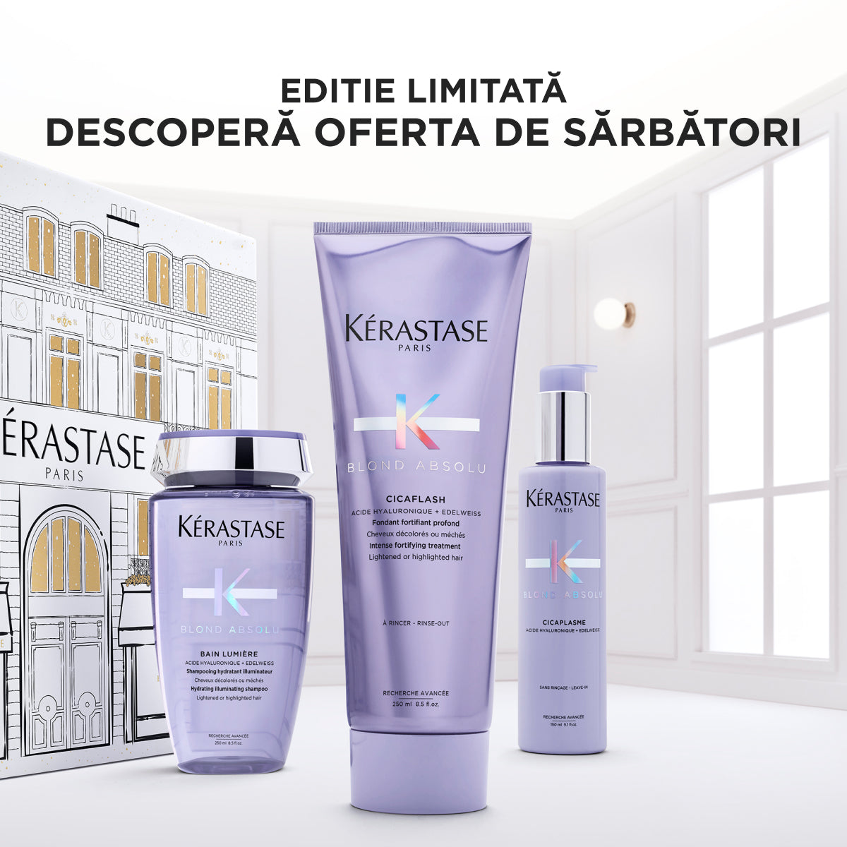 Kérastase Blond Absolu Holidays 2025 Ajándékszett – Prémium ápolási rituálé szőke hajra: Bain Lumière 250ml + Cicaflash 250ml + Cicaplasme 150ml