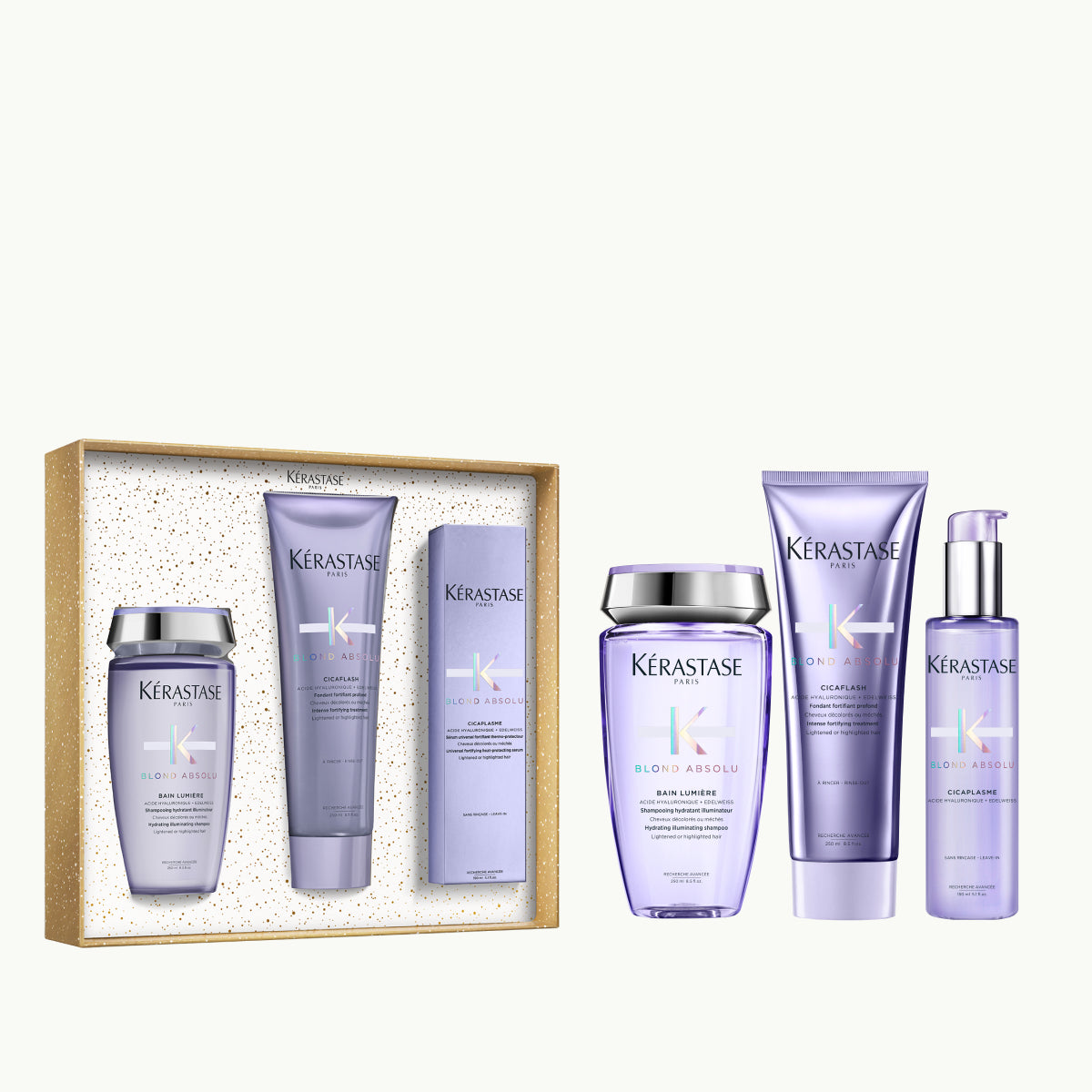 Kérastase Blond Absolu Holidays 2025 Ajándékszett – Prémium ápolási rituálé szőke hajra: Bain Lumière 250ml + Cicaflash 250ml + Cicaplasme 150ml