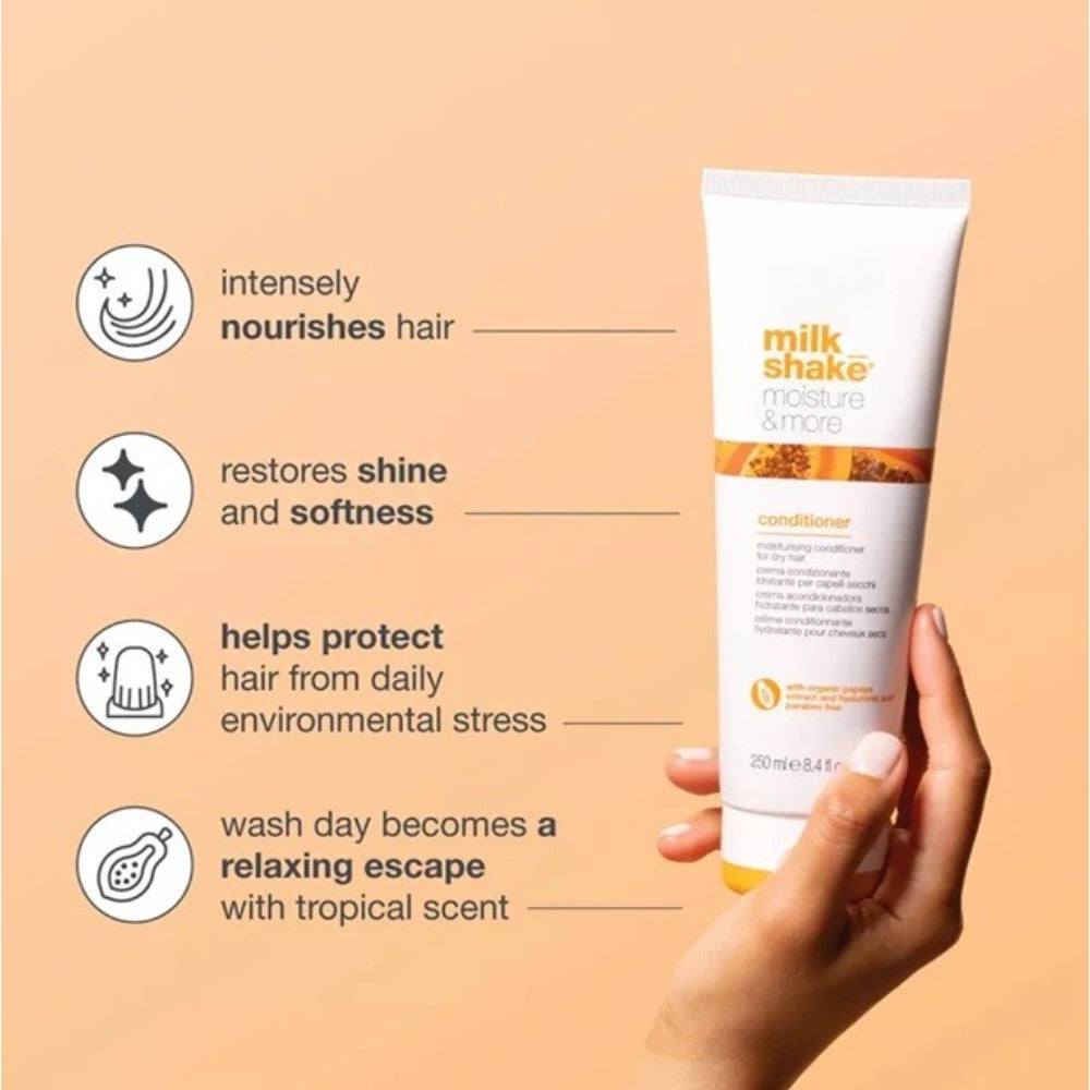 Milk Shake Moisture & More Conditioner 250ml – Balsam Profesional Hidratant cu Acid Hialuronic și Niacinamidă pentru Păr Uscat și Deshidratat