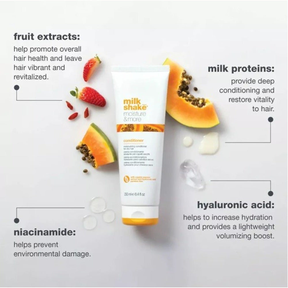 Milk Shake Moisture & More Conditioner 250ml – Balsam Profesional Hidratant cu Acid Hialuronic și Niacinamidă pentru Păr Uscat și Deshidratat