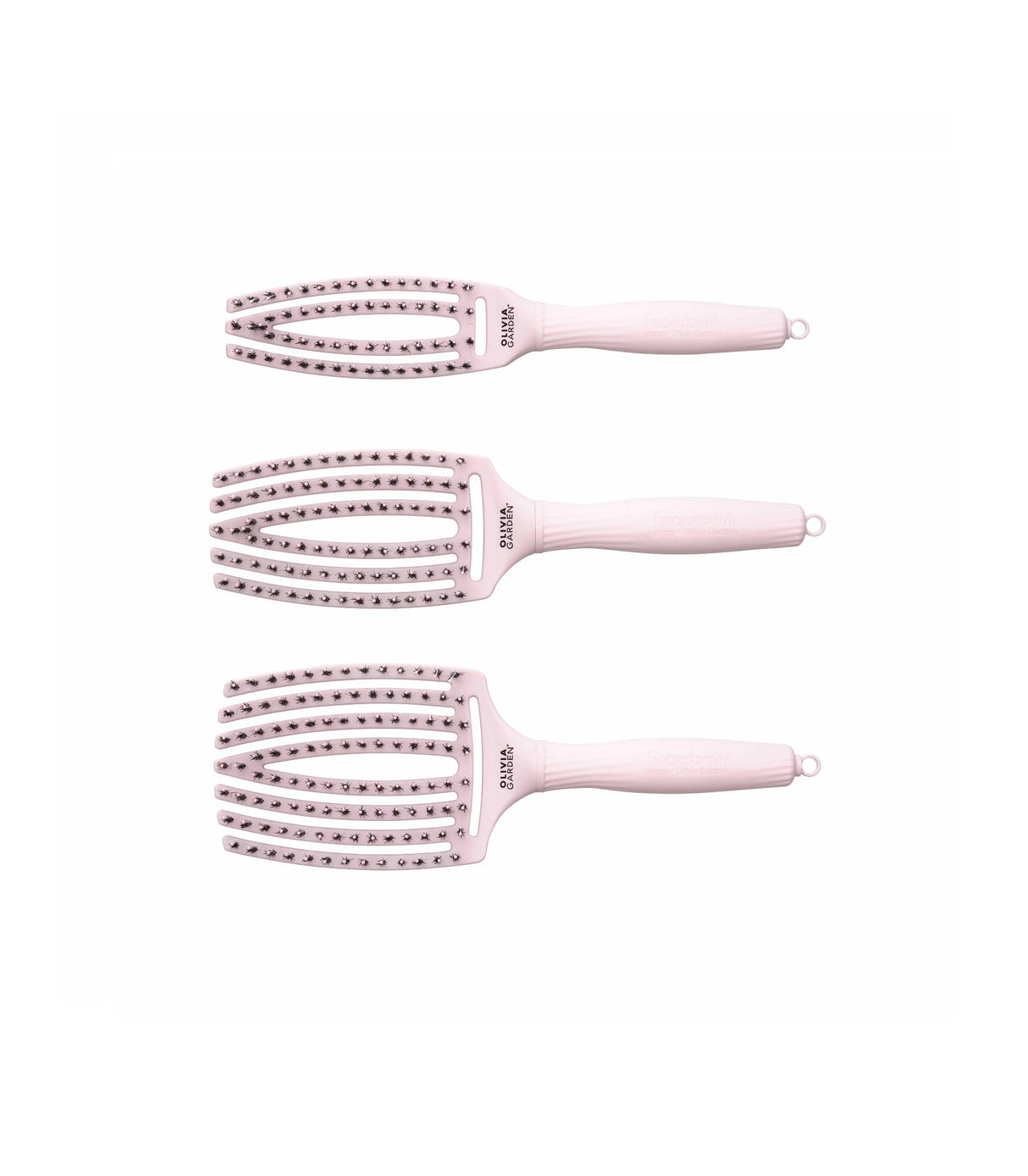 Olivia Garden Fingerbrush Boar & Nylon Pastel Pink – Professzionális Display 12 Kefével a Könnyed Fésülésért és Természetes Fényért