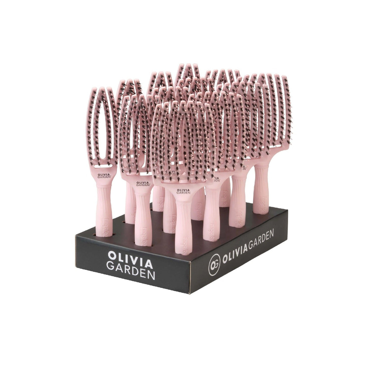 Olivia Garden Fingerbrush Boar & Nylon Pastel Pink – Professzionális Display 12 Kefével a Könnyed Fésülésért és Természetes Fényért