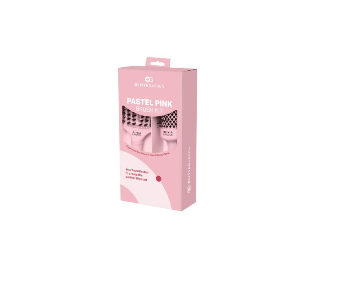 Olivia Garden Pastel Pink Blowout Kit – Professzionális Szett Körkefével és Hajkibontó Kefével