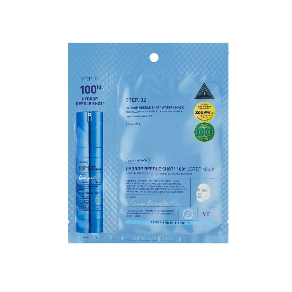 VT Cosmetics Hydrop Reedle Shot 100hL 2-lépéses maszk, Koreai Hidratáló Fátyolmaszk 2 lépésben Mikro-tűkkel és Hialuronsavval, 1.5g + 27g