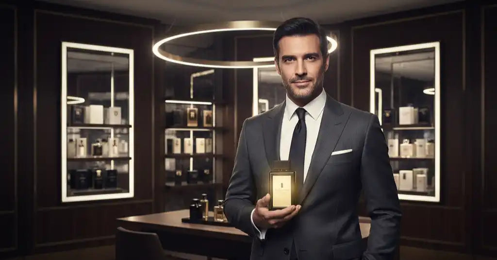 Egy férfi öltönyben, aki egy ragyogó aranyszínű parfümös üveget tart a kezében.