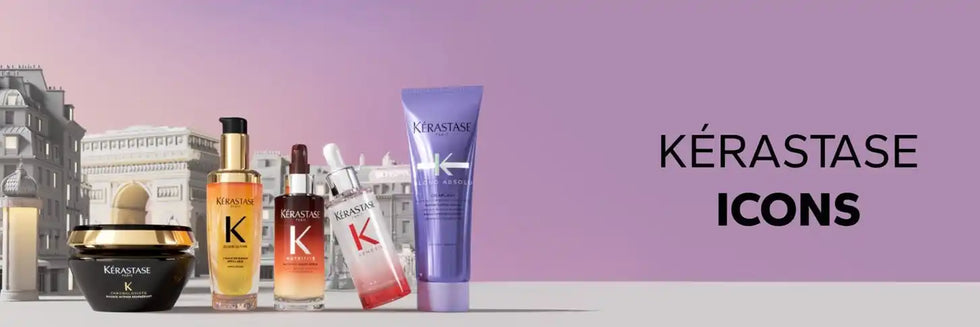 Egy hajápolási termékeket tartalmazó gyűjtemény, beleértve szérumokat, olajokat és egy hajmaszkot, mindegyiknél egyedi »K« logóval.