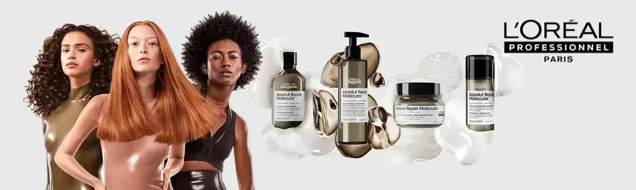 L’Oréal Professionnel hajápolási termékek gyűjteménye, beleértve sampont, balzsamot és kezeléseket, valamint három modellt különböző hajtípusokkal.