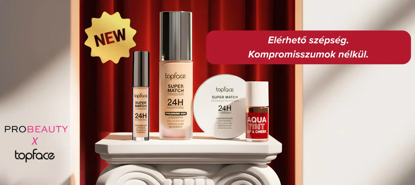 A Topface sminktermékek gyűjteménye, beleértve az alapozót, korrektort, púdert, valamint ajak- és arc-tintát.