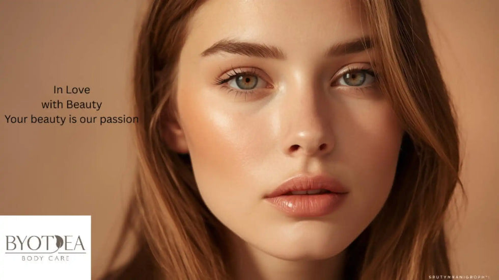 Egy nő arca tiszta, ragyogó bőrrel és finom sminkkel.