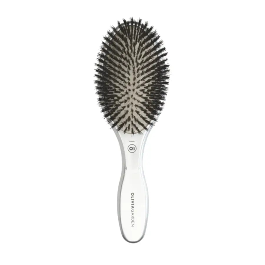 Perie profesională Olivia Garden Expert Care Oval Silver cu peri naturali de mistreț pentru strălucire și îngrijire