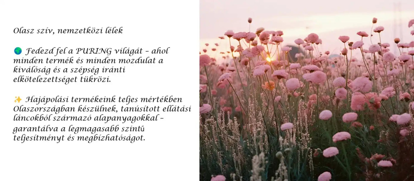 Promóciós anyag egy hajápolási márkának, naplementekor rózsaszín virágok között.