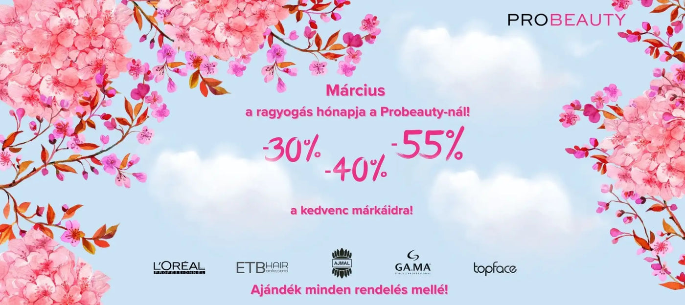 Rózsaszín cseresznyevirág ágak keretezik a probeauty tavaszi tematikájú promóciós bannert, amely kedvezményes szépségmárkákat mutat be, mint például az l'Oréal és az ETB Hair.