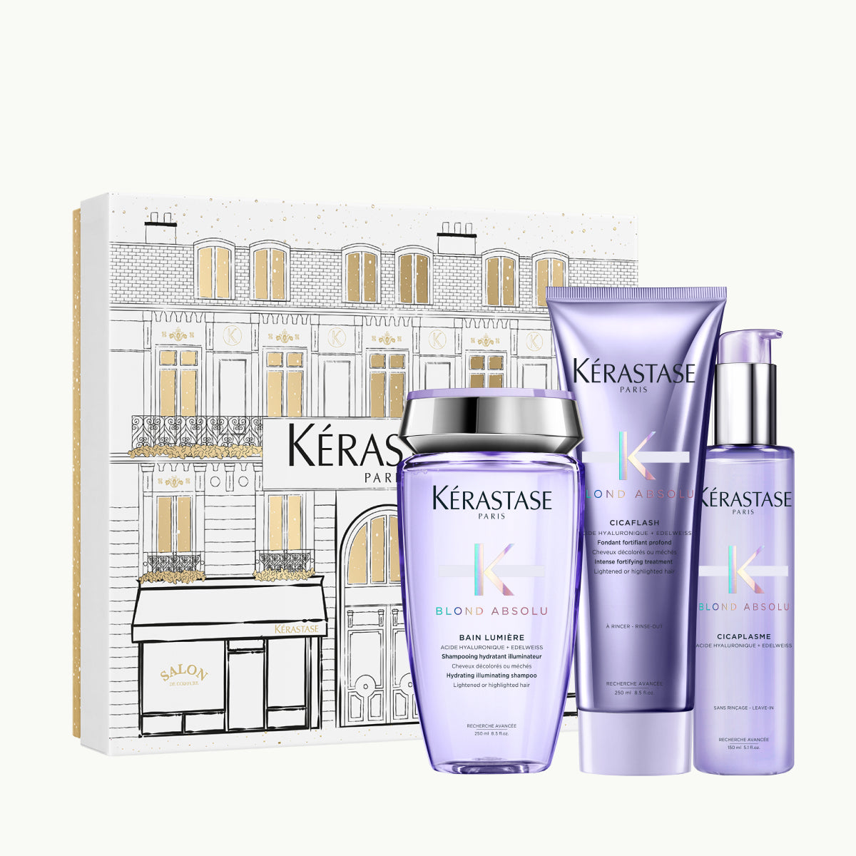 Kérastase Blond Absolu Holidays 2025 Ajándékszett – Prémium ápolási rituálé szőke hajra: Bain Lumière 250ml + Cicaflash 250ml + Cicaplasme 150ml