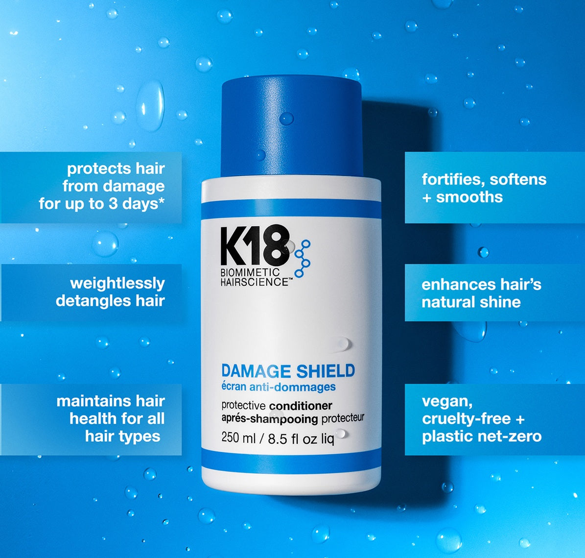 K18 Damage Shield Conditioner 250ml – UV- és károsodás elleni védőbalzsam K18PEPTIDE™-del az erős, fényes és selymes hajért