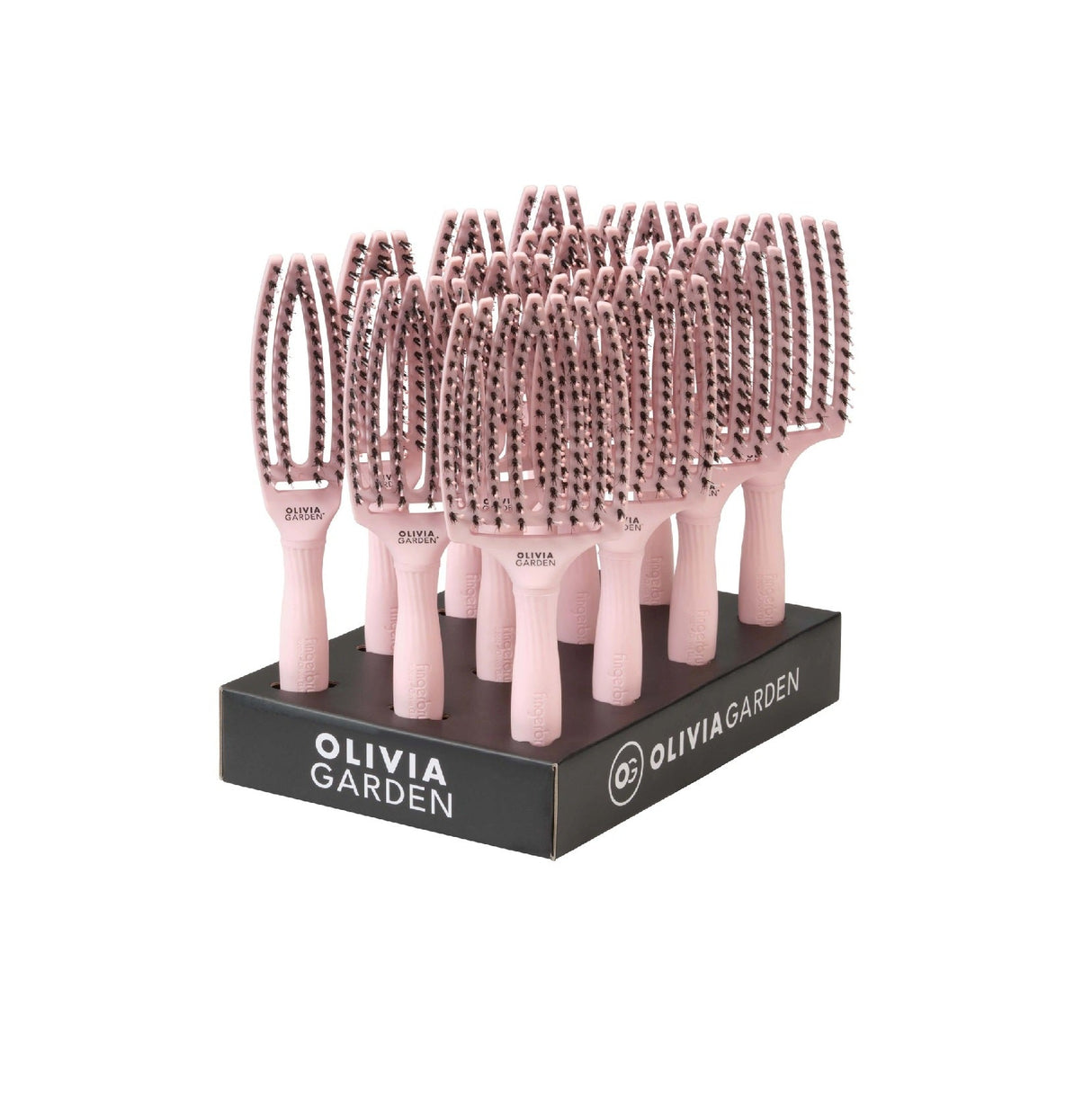 Olivia Garden Fingerbrush Boar & Nylon Pastel Pink – Professzionális Display 12 Hajkefével a Kíméletes Kifésülésért és Természetes Fényért