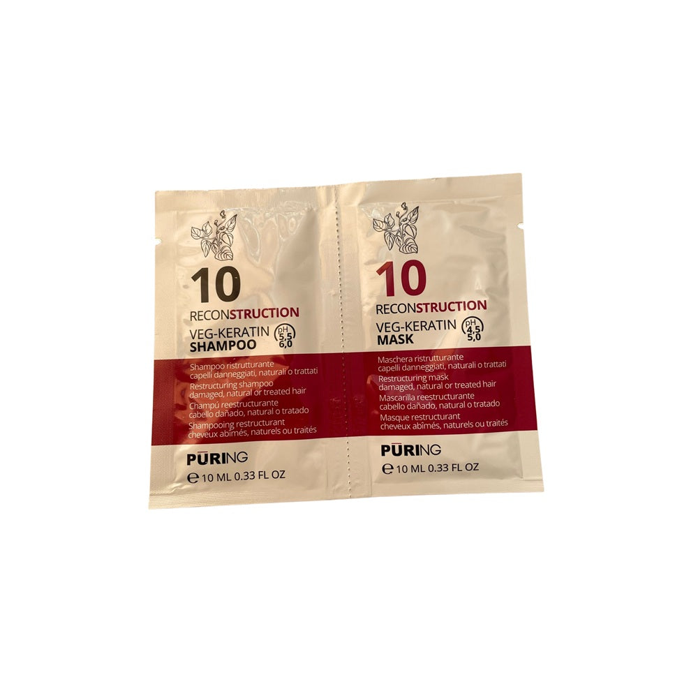 Puring Set Intenzív Helyreállító – Sampon és Maszk Növényi Keratinnal Sérült, Természetes vagy Vegyileg Kezelt Hajra 2x10ml
