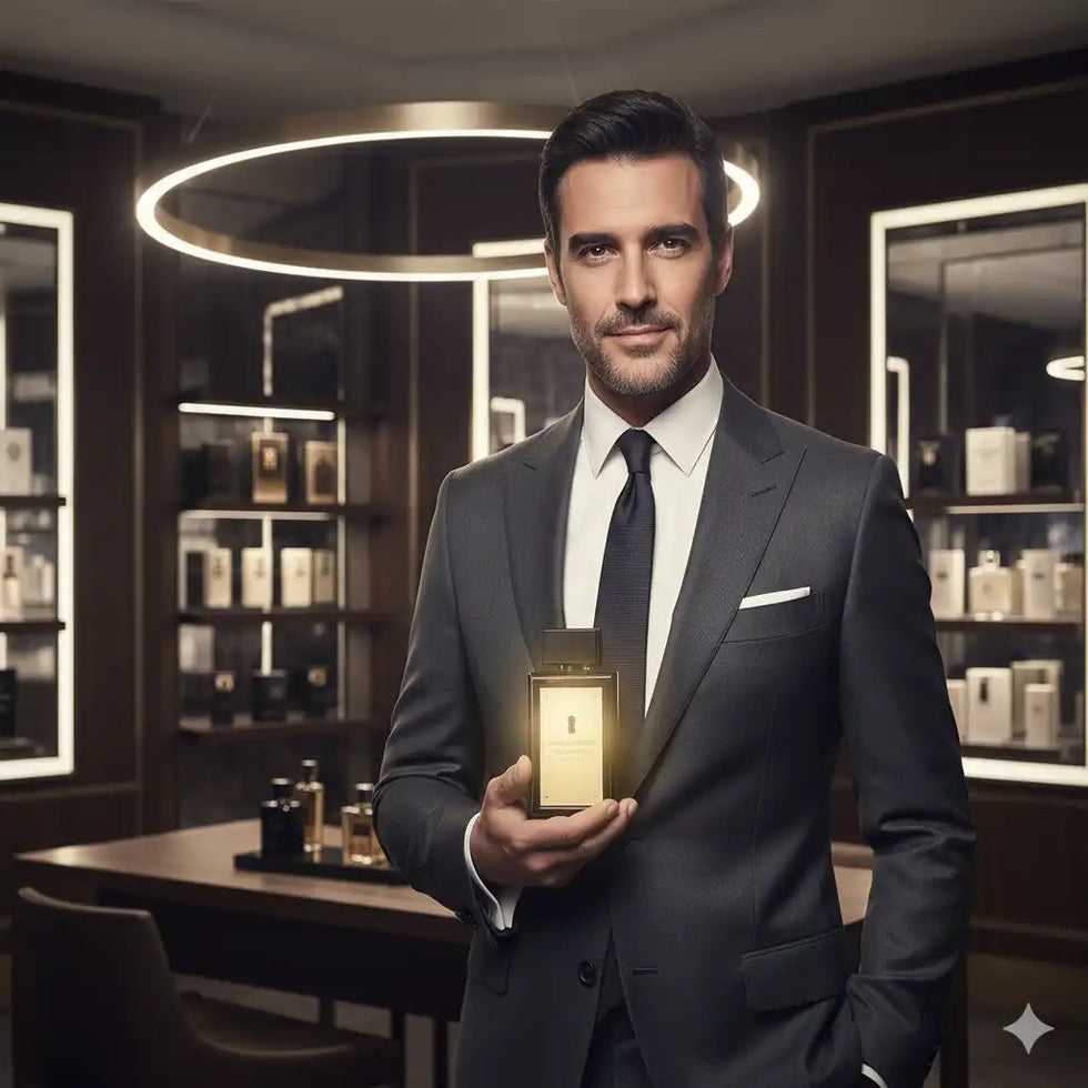 Egy férfi öltönyben, aki egy ragyogó üveg parfümöt tart a kezében.