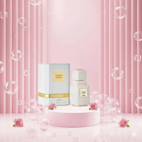 Fehér hatszögletű parfümös üveg arany díszítéssel és hozzá illő dobozzal, mindkettő feliratozva ’virgin musc’ a.m.a.l. által.