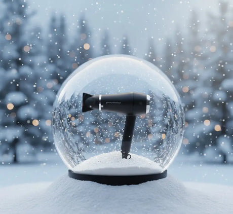 Fekete hajszárító ezüst díszítéssel egy hóglóban.