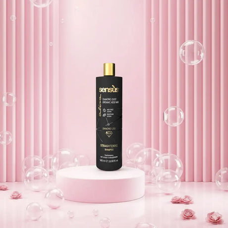 Fekete üveg sensus gyémántporos bio savas keverékű egyenesítő sampon arany kupakkal.