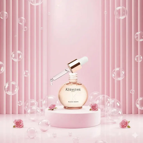 Egy gyöngyházfényű rózsaszín üvegpalack Kerastase Paris Glaze Drops terméket tartalmaz, arany színű pipettával és fehér gumival.