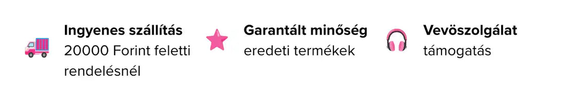 Három egyszerű ikon magyar szöveggel, amelyek a szállítással, a minőséggel és a támogatási szolgáltatásokkal kapcsolatos információkat mutatnak.