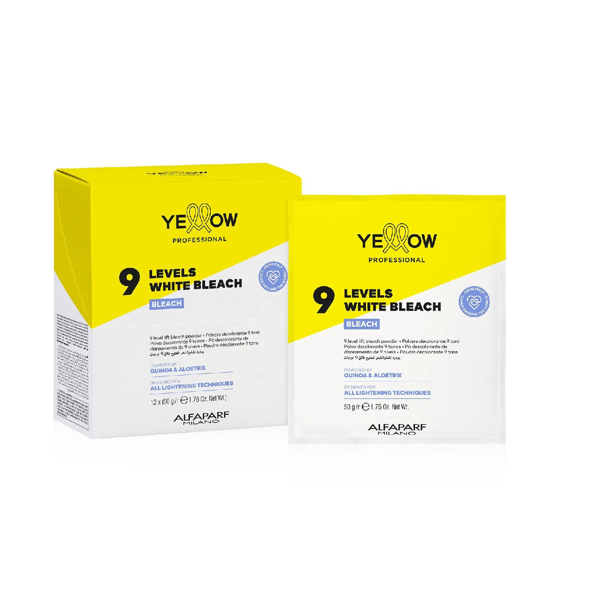 Yellow Fehér Szőkítőpor 9 Tónus – Erőteljes Professzionális Szőkítés Quinoával és Aloetrix-szel – Szett 12x50g