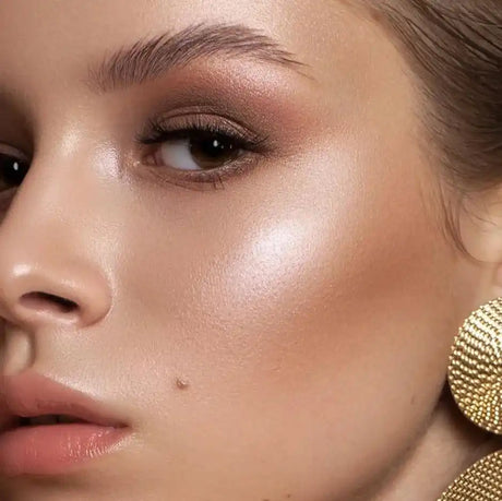 Egy nő arca, fénylő bőrrel, finom szemsminkkel és természetes ajak színnel.