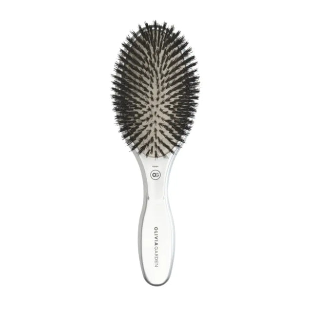 Perie profesională Olivia Garden Expert Care Oval Silver cu peri naturali de mistreț pentru strălucire și îngrijire