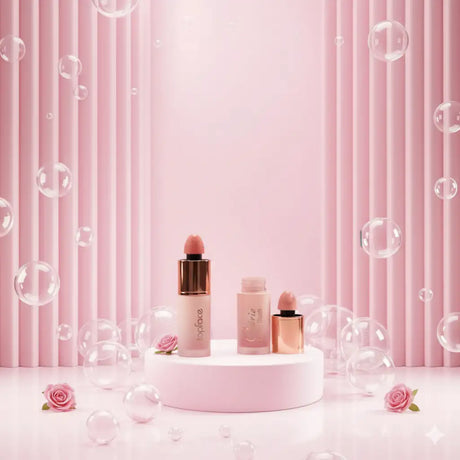 Rózsaszínű felső arckozmetikai szájfénykészlet rózsaarany kupakokkal és illő pirosítóval vagy alapozóval, fehér talapzaton, lágy rózsaszín háttér előtt bemutatva.