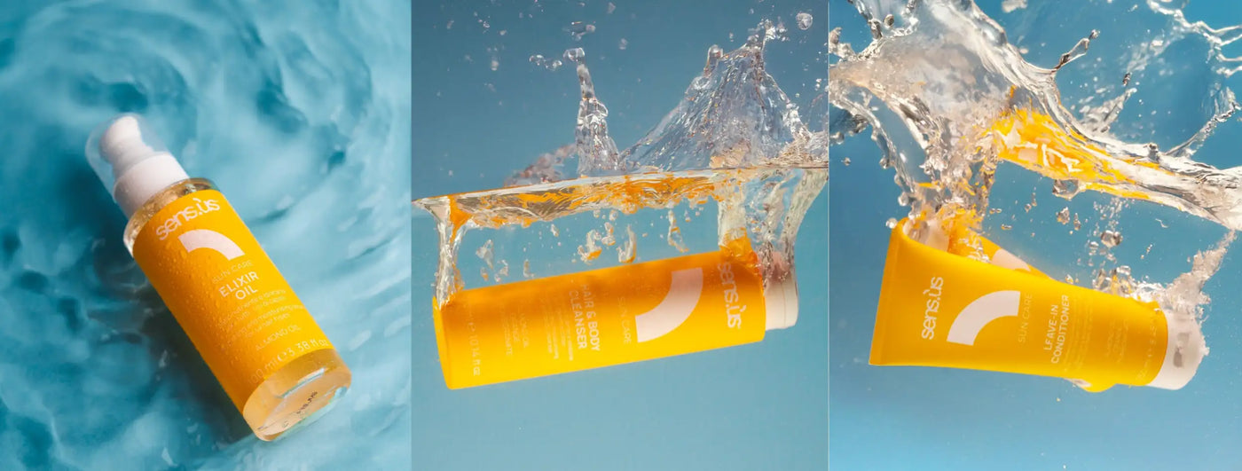 Sárga napvédő flakon fehér kupakkal és pumpával.